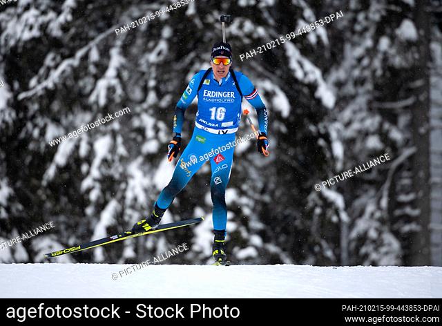 12 February 2021, Slovenia, Pokljuka: Biathlon: World Cup/World Championships, Sprint 10 km, Men. Quentin Fillon Maillet from France in action