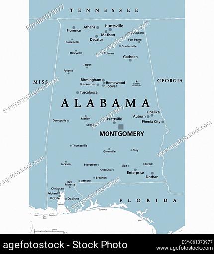 Alabama, AL, gray political map, with capital Montgomery, large and important cities. State in the Southeastern region of United States