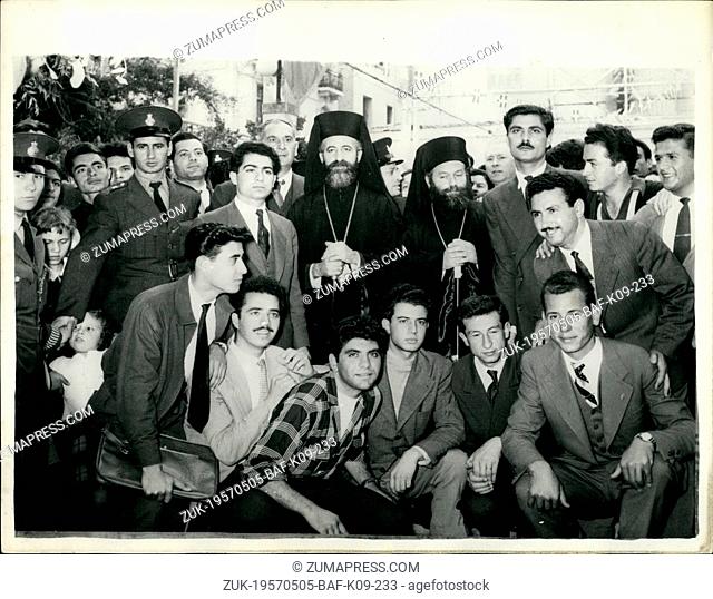 May 05, 1957 - Archbishop Makarios lunches with Cypriot students: Archbishop Makarios lunched with Cypriot students at the Canteen where he paid a visit to...