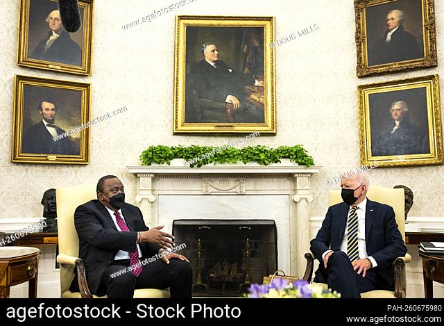 United States President Joe Biden, right, meets with President Uhuru Kenyatta of Kenya, left, in the in the Oval Office of the White House in Washington, DC