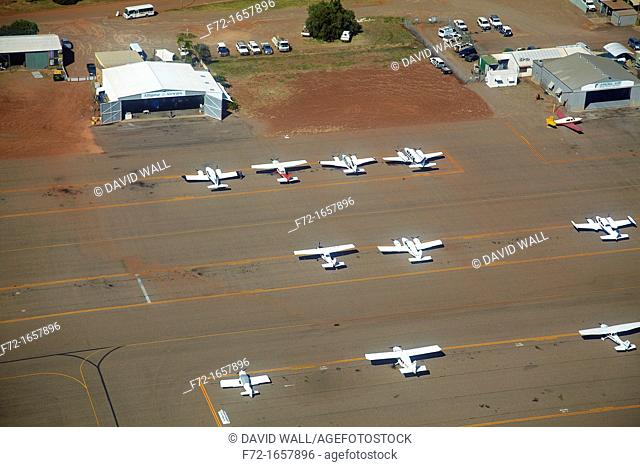 Aerial looking down at planes at Kununurra Airport, Kununurra, Kimberley Region, Western Australia, Australia