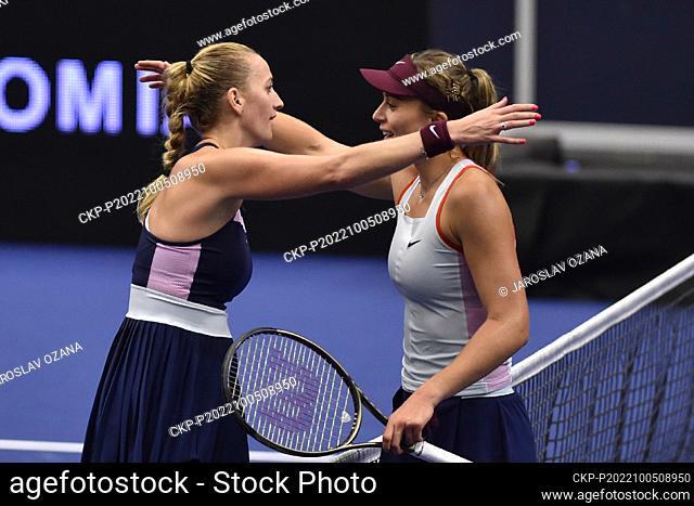 From left Czech Petra Kvitova and Paula Badosa of Spain after the WTA Agel Open 2022 women's tennis tournament match on October 5, 2022, in Ostrava