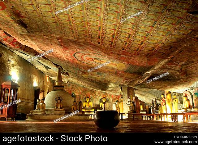 Interior of Dambulla Golden Temple in Sri Lanka. It is the largest and best preserved cave temple complex in the country