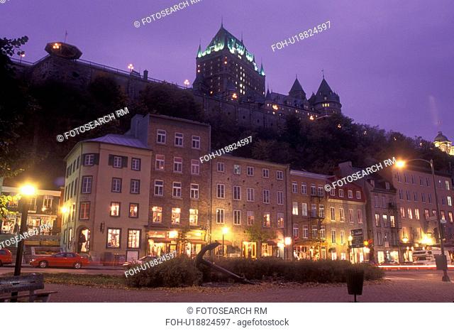 Canada, Quebec, Quartier Petit-Champlain and Chateau Frontenac illuminated at night (evening) in Quebec City
