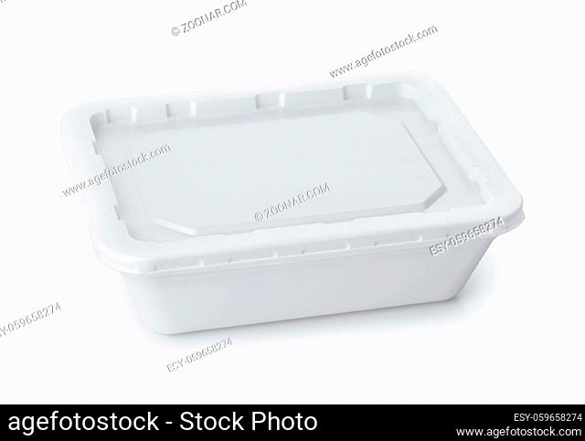 Closed foam food container isolated on white