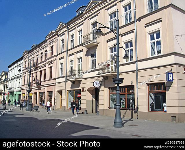 View of street pavement in Lodz. Urban architecture. City life in Lodz. Beautiful urban panorama. Cityscape in Poland. Life in Polish city Lodz