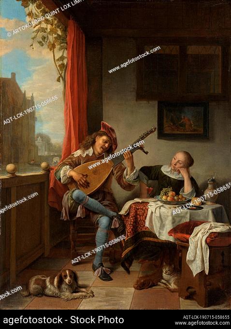 The Lutenist Lute Player, The Lute Player. In a room a young man plays on the lute for a woman sitting and listening at a table