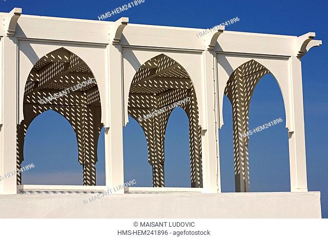 Morocco, Tangier Tetouan Region, Tangier, Kasbah, Nord-Pinus Tanger Hotel, pergola of outdoor restaurant