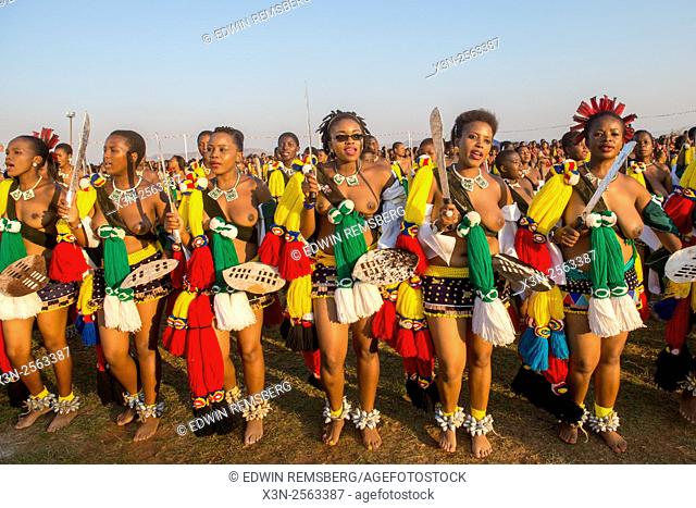 Ludzidzini, Swaziland, Africa - Umhlanga, reed dance ceremony. Maidens dance before King Mswati III on day 7 of the ceremony