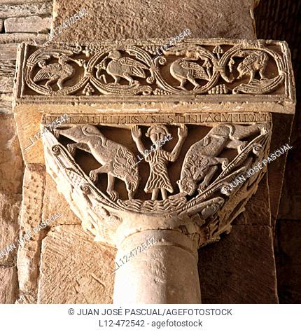 Daniel between lions scene depicted on capital, visigoth church of San Pedro de la Nave. Zamora province, Castilla-León, Spain