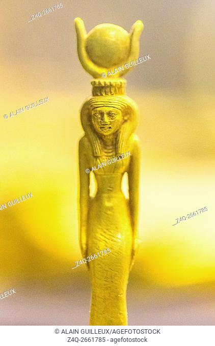 Egypt, Cairo, Egyptian Museum, gold statuette of a goddess with an hathoric crown