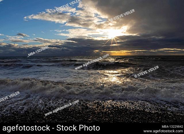 England, East Sussex, Eastbourne, Birling Gap, The Seven Sisters Cliffs and Beach, Beach and Sea at Sunset