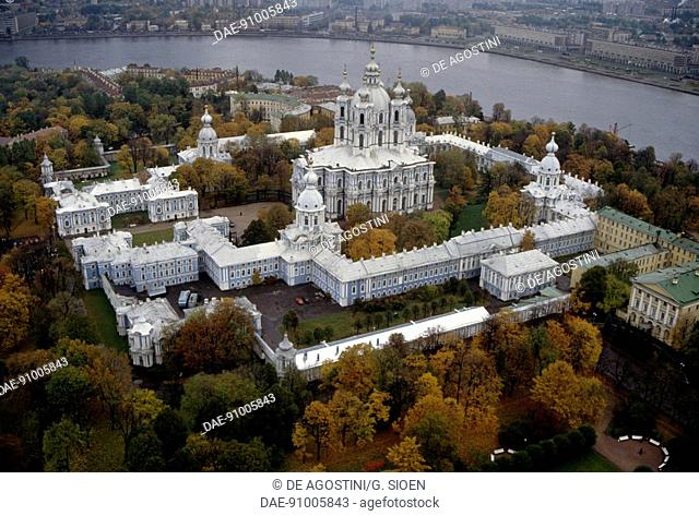 Aerial view of Smolny Monastery, by Bartolomeo Carlo Rastrelli, ca 1675-1744, Saint Petersburg's historic centre (Unesco World Heritage List, 1990), Russia