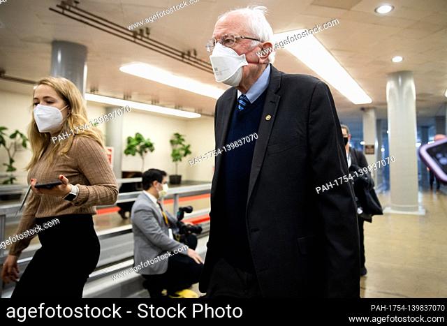 Senator Bernie Sanders, I-VT, walks on Capitol Hill in Washington, Saturday, Feb. 13, 2021, before the fifth day of the second impeachment trial of former...