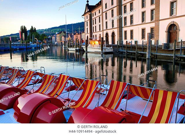 Rorschach, grain house, Switzerland, canton St. Gallen, lake, Lake of Constance, harbour, port, reflection, house, home, former granary, ship, boats, sunrise