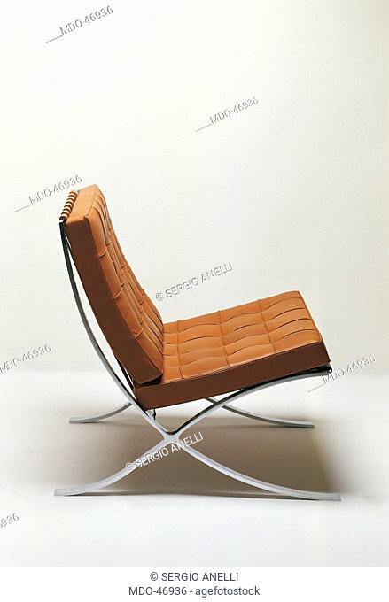 Barcelona Armchair 250, by Ludwig Mies van der Rohe, 1929, 20th Century, chrome steel and leather, . All. Left side view