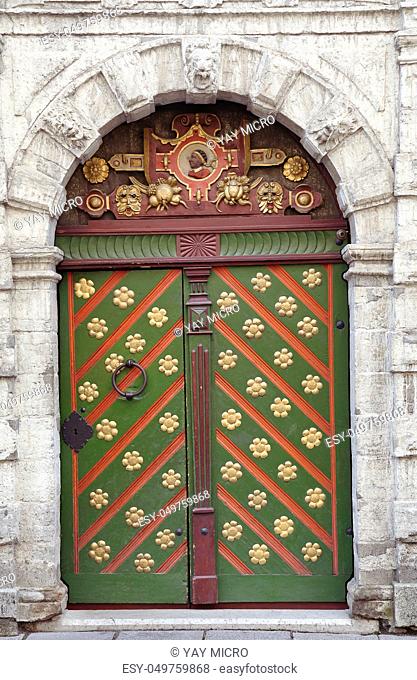 Door of the Brotherhood of Blackheads building in Tallinn, Estonia