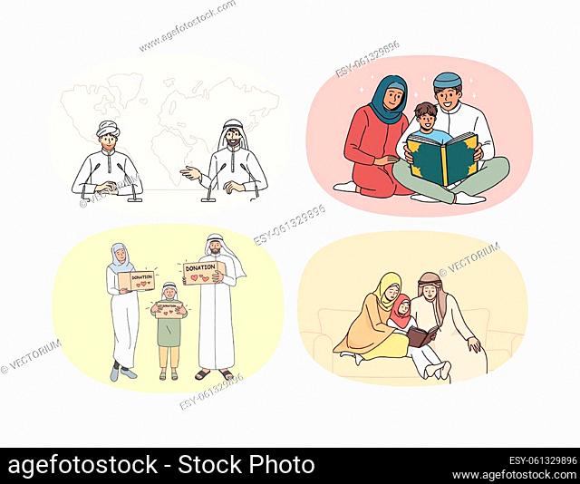 Set of diverse Arabian families with kids in traditional clothes read Koran. Collection of Arabic people following customs and traditions