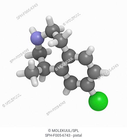 Lorcaserin obesity drug, molecular model. Atoms are represented as spheres and are colour-coded: hydrogen white, carbon grey, nitrogen blue and chlorine green