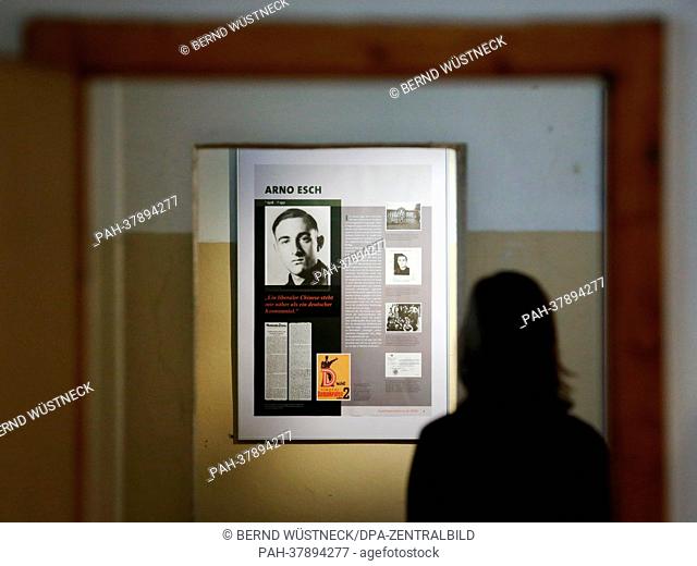 A women looks at a placard in the exhibition ""Jugendopposition in der DDR"" (lit. youth opposition in the GDR) documenting the fates of 18 youth opposition...