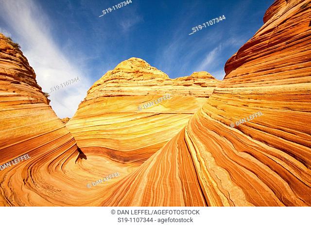 Vermilion Cliffs Wilderness Area of northern Arizona, USA. The area is called North Coyote Buttes, and this specific rock formation is called "the wave"