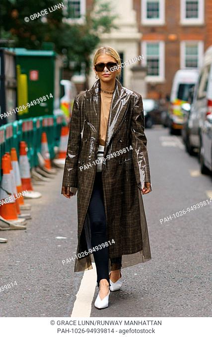Blogger Caroline Daur posing outside the Preen By Thornton Bregazzi runway show during London Fashion Week - Sept 17, 2017 - Photo: Runway Manhattan/Grace Lunn...