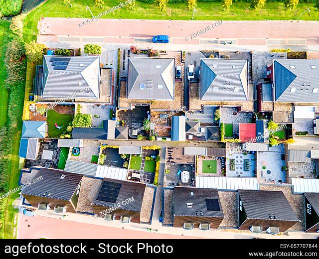 Top view of house Village from Drone capture in the air house is brown roof top Urk netherlands Flevoland. High quality photo with drone