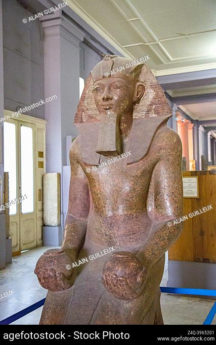 Cairo, Egyptian Museum, kneeling statue of Hatshepsut, one of the rare women who became king of Egypt. Granite, from her temple in Deir el Bahari