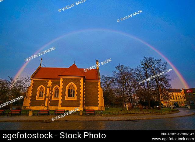 Morning rainbow over the Chapel of St. Cyril and St. Methodius in Breclav, December 20, 2023. (CTK Photo/Vaclav Salek)