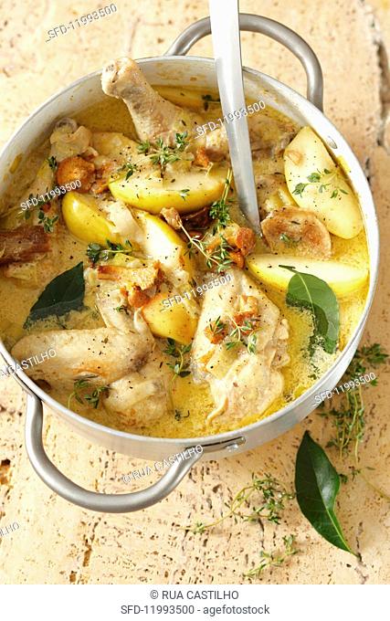 Braised chicken with with leeks, apples and chanterelle mushrooms