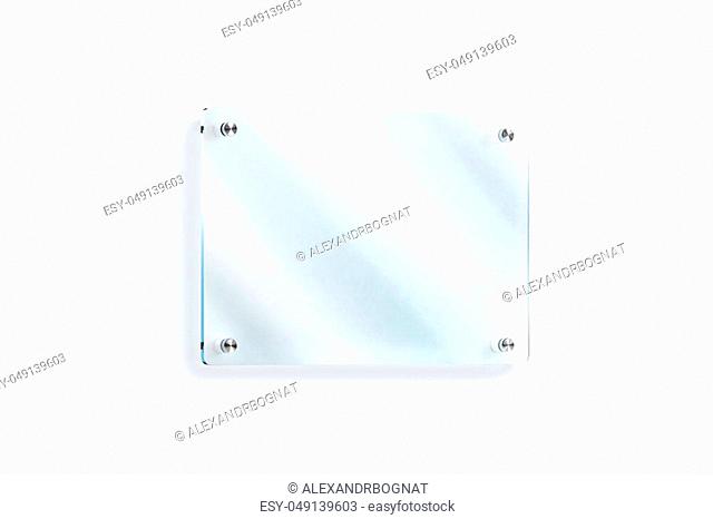 Blank glass sign plate wall-mounted mockup, clipping path, 3d rendering. Clear acrylic signboard design mock up. Empty shiny nameplate holder fixed on white...