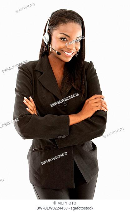 young business woman wearing a headset