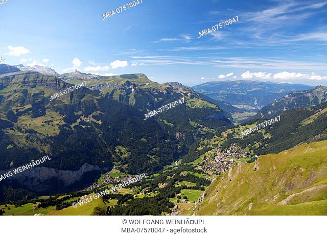 View of Wengen and Lauterbrunnen Valley from Lauberhorn Mountain, Bernese Highlands, Canton of Bern, Switzerland