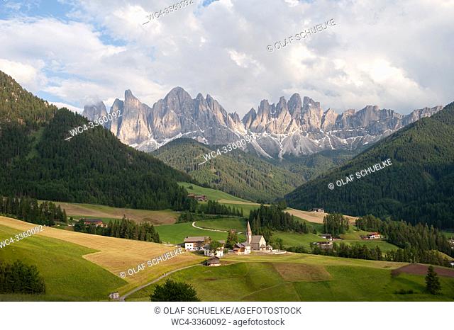 St. Magdalena, Villnoess, Trentino-Alto, South Tyrol, Italy, Europe - The Nature Park of the Villnoess Valley with Dolomite mountains of the Puez Geisler Group