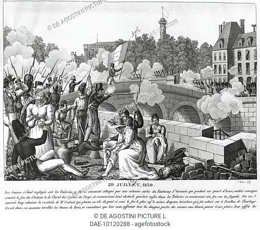 The insurrection of Paris, July 29, 1830. Engraving. July Revolution, France, 19th century.  Paris, Bibliothèque Nationale De France (Library)