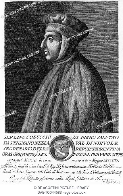 Portrait of Lino Coluccio Salutati (1331-1406), Italian Humanist and Chancellor of Florence, etching from Serie di ritratti d 'uomini illustri toscani