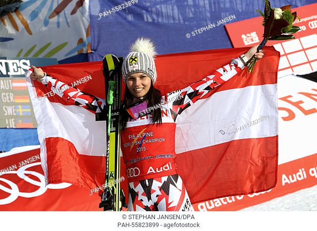 Gold medal winner Anna Fenninger of Austria reacts after the womens giant slalom at the Alpine Skiing World Championships in Vail - Beaver Creek, Colorado, USA