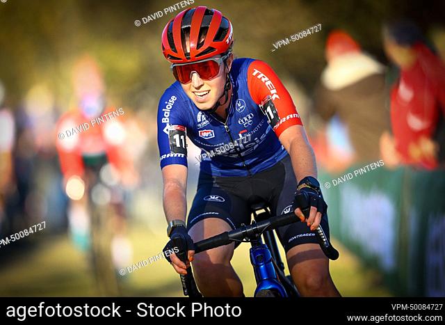 Dutch Shirin van Anrooij pictured in action during the women elite race at the UCI Cyclocross World Cup cyclocross event in Beekse Bergen, The Netherlands