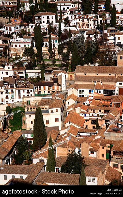 View of Albaicín neighborhood from the Alcazaba of Alhambra. Granada
