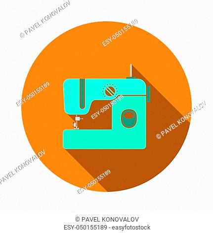 Modern Sewing Machine Icon. Flat Circle Stencil Design With Long Shadow. Vector Illustration
