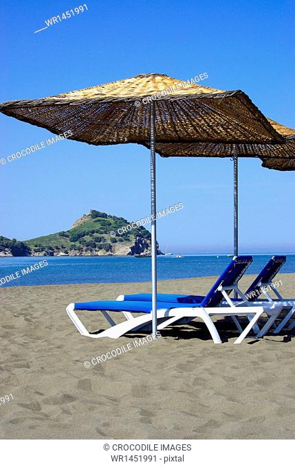 Beach with Sun Loungers and Beach Umbrellas, Mediterranean Sea, Southwestern Turkey