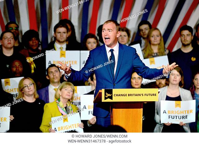 Liberal Democrats leader Tim Farron launches their 2017 general election manifesto at The Oval, Bethnal Green, London Featuring: Tim Farron Where: London
