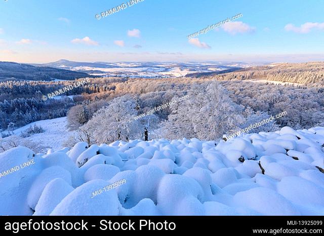Basalt block sea, snow, low mountain range, evening, winter, Schafstein, Gersfeld, Rhön, Hesse, Germany