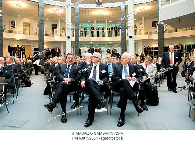 Former German Chancellor Gerhard Schroeder (L-R), SPD parliamentary group chairman Frank-Walter Steinmeier and Former Governor of Bavaria Edmund Stoiber take...
