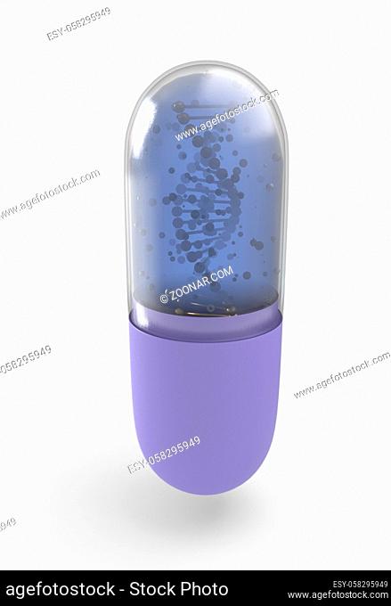 DNA helix inside pill capsules standing 3d render