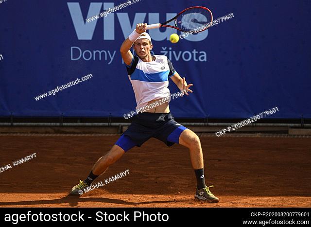 Michael Vrbensky of Czech Republic returns a shot to Elias Ymer of Sweden during the I. CLTK Prague Open of the ATP Challenger Tour match in Prague