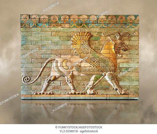 Coloured glazed terracotta tiled panels depicting mythical Griffins. From the reign of Darius 1st and the First Persian or Achaemenid Empire around 510 BC...