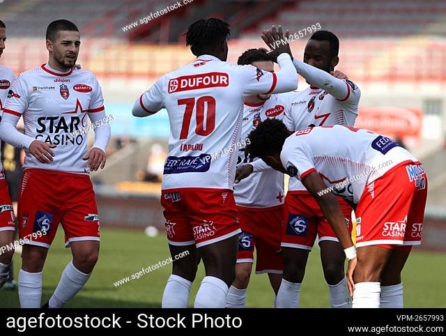 Mouscron's players celebrates after scoring during a soccer match between Royal Excel Mouscron and Standard Liege, Sunday 07 March 2021 in Mouscron
