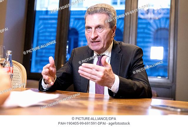 03 April 2019, Berlin: Günther Oettinger (CDU), EU Commissioner for Budget and Personnel, speaks in a dpa interview. (to dpa from 05.04