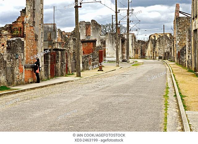 empty street and building ruins, Oradour-sur-Glane, Haute-Vienne Department, Limousin, France